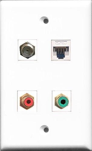 RiteAV 1 Port RCA Red and 1 Port RCA Green and 1 Port Coax Cable TV- F-Type and 1 Port Cat5e Ethernet White Wall Plate