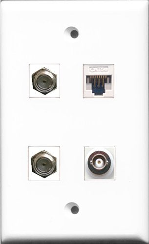 RiteAV - 2 Port Coax Cable TV- F-Type and 1 Port BNC and 1 Port Cat5e Ethernet White Wall Plate
