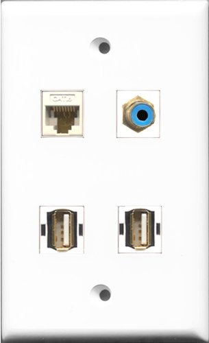RiteAV 1 Port RCA Blue 2 Port USB A-A and 1 Port Cat6 Ethernet White Wall Plate