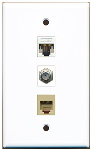 RiteAV - 1 Port Coax Cable TV- F-Type and 1 Port Phone RJ11 RJ12 Beige and 1 Port Cat5e Ethernet White Wall Plate