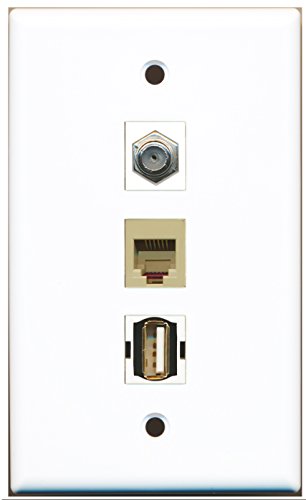 RiteAV - 1 Port Coax Cable TV- F-Type and 1 Port USB A-A and 1 Port Phone RJ11 RJ12 Beige Wall Plate