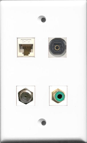 RiteAV 1 Port RCA Green and 1 Port Coax Cable TV- F-Type and 1 Port Toslink and 1 Port Cat6 Ethernet White Wall Plate