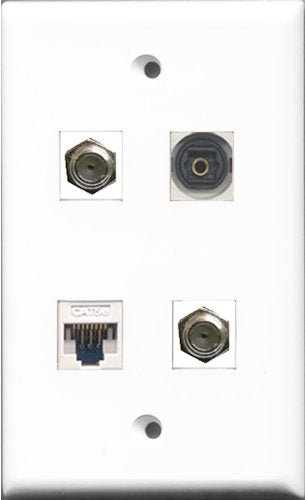RiteAV - 2 Port Coax Cable TV- F-Type and 1 Port Toslink and 1 Port Cat5e Ethernet White Wall Plate