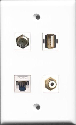 RiteAV 1 Port RCA White and 1 Port Coax Cable TV- F-Type and 1 Port USB A-A and 1 Port Cat5e Ethernet White Wall Plate