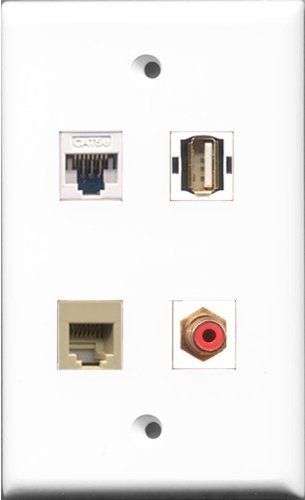 RiteAV 1 Port RCA Red and 1 Port USB A-A and 1 Port Phone RJ11 RJ12 Beige and 1 Port Cat5e Ethernet White Wall Plate
