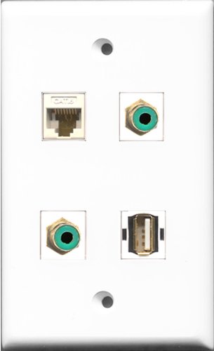 RiteAV - 2 Port RCA Green and 1 Port USB A-A and 1 Port Cat6 Ethernet White Wall Plate