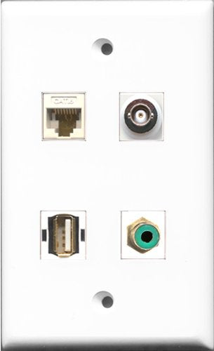 RiteAV 1 Port RCA Green and 1 Port USB A-A and 1 Port BNC and 1 Port Cat6 Ethernet White Wall Plate