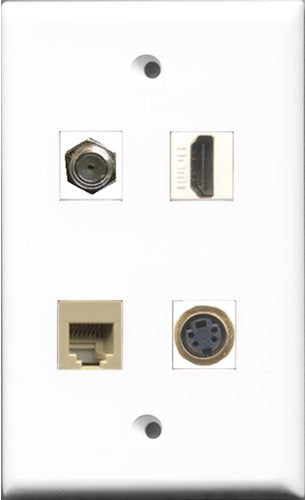 RiteAV 1 Port HDMI and 1 Port Coax Cable TV- F-Type and 1 Port Phone RJ11 RJ12 Beige and 1 Port S-Video Wall Plate