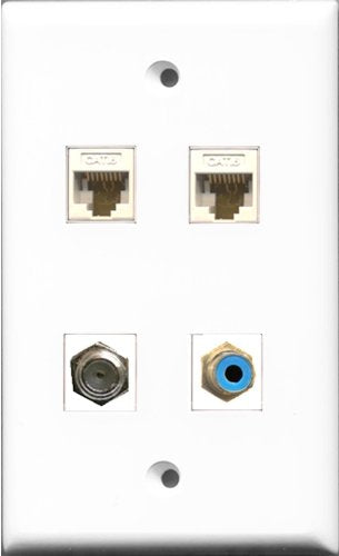 RiteAV 1 Port RCA Blue and 1 Port Coax Cable TV- F-Type 2 Port Cat6 Ethernet White Wall Plate