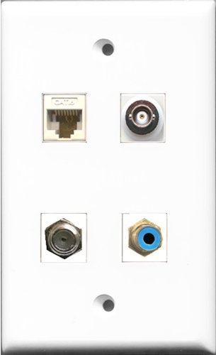 RiteAV 1 Port RCA Blue and 1 Port Coax Cable TV- F-Type and 1 Port BNC and 1 Port Cat6 Ethernet White Wall Plate