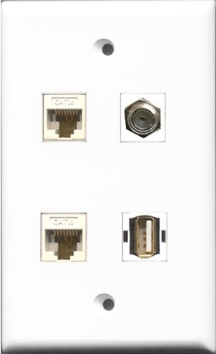 RiteAV 1 Port Coax Cable TV- F-Type and 1 Port USB A-A 2 Port Cat6 Ethernet White Wall Plate