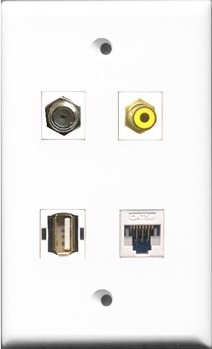 RiteAV 1 Port RCA Yellow and 1 Port Coax Cable TV- F-Type and 1 Port USB A-A and 1 Port Cat5e Ethernet White Wall Plate