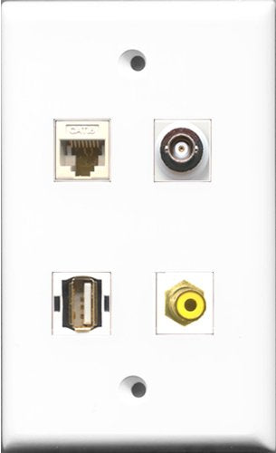 RiteAV 1 Port RCA Yellow and 1 Port USB A-A and 1 Port BNC and 1 Port Cat6 Ethernet White Wall Plate