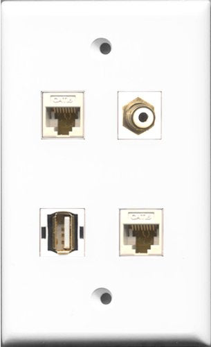 RiteAV 1 Port RCA White and 1 Port USB A-A 2 Port Cat6 Ethernet White Wall Plate