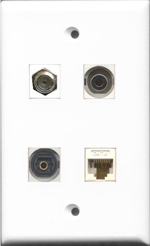 RiteAV 1 Port Coax Cable TV- F-Type and 1 Port Toslink and 1 Port 3.5mm and 1 Port Cat6 Ethernet White Wall Plate