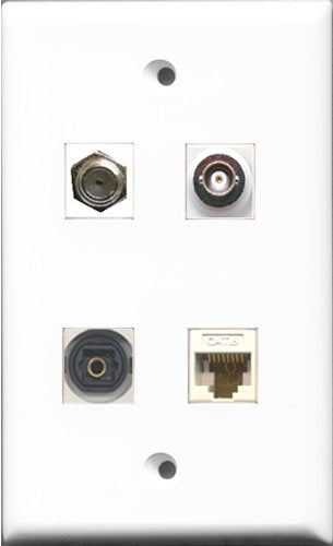 RiteAV 1 Port Coax Cable TV- F-Type and 1 Port Toslink and 1 Port BNC and 1 Port Cat6 Ethernet White Wall Plate