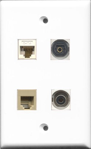 RiteAV 1 Port Phone RJ11 RJ12 Beige and 1 Port Toslink and 1 Port 3.5mm and 1 Port Cat6 Ethernet White Wall Plate