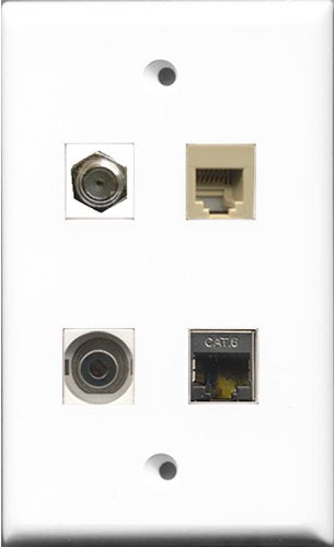 RiteAV 1 Port Coax Cable TV- F-Type and 1 Port Phone RJ11 RJ12 Beige and 1 Port Shielded Cat6 Ethernet and 1 Port 3.5mm Wall Plate