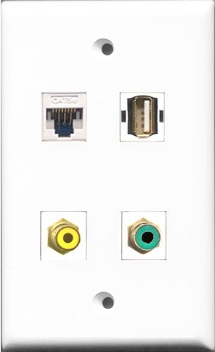 RiteAV 1 Port RCA Yellow and 1 Port RCA Green and 1 Port USB A-A and 1 Port Cat5e Ethernet White Wall Plate