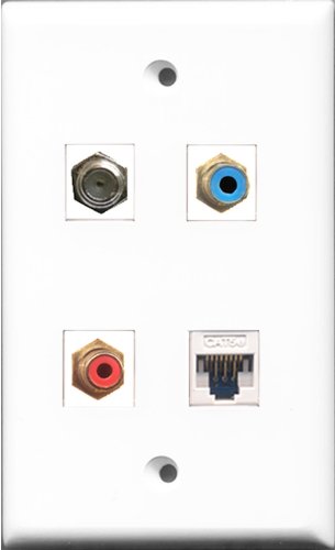 RiteAV 1 Port RCA Red and 1 Port RCA Blue and 1 Port Coax Cable TV- F-Type and 1 Port Cat5e Ethernet White Wall Plate