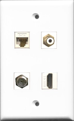 RiteAV 1 Port HDMI and 1 Port RCA White and 1 Port Coax Cable TV- F-Type and 1 Port Cat6 Ethernet White Wall Plate