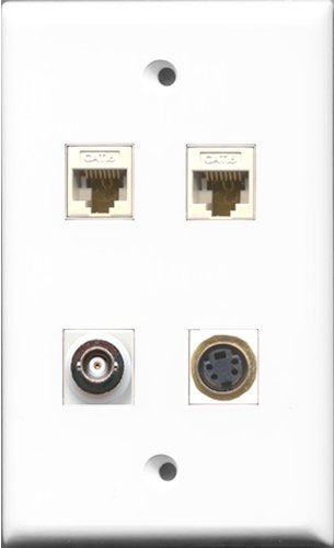 RiteAV 1 Port S-Video and 1 Port BNC 2 Port Cat6 Ethernet White Wall Plate