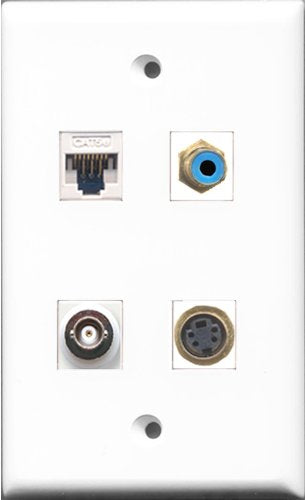 RiteAV 1 Port RCA Blue and 1 Port S-Video and 1 Port BNC and 1 Port Cat5e Ethernet White Wall Plate
