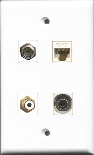 RiteAV 1 Port RCA White and 1 Port Coax Cable TV- F-Type and 1 Port 3.5mm and 1 Port Cat6 Ethernet White Wall Plate