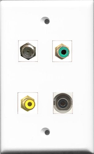 RiteAV 1 Port RCA Yellow and 1 Port RCA Green and 1 Port Coax Cable TV- F-Type and 1 Port 3.5mm Wall Plate
