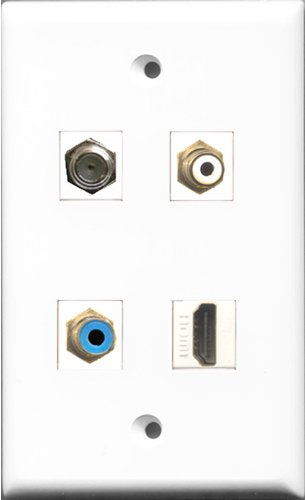 RiteAV 1 Port HDMI and 1 Port RCA White and 1 Port RCA Blue and 1 Port Coax Cable TV- F-Type Wall Plate