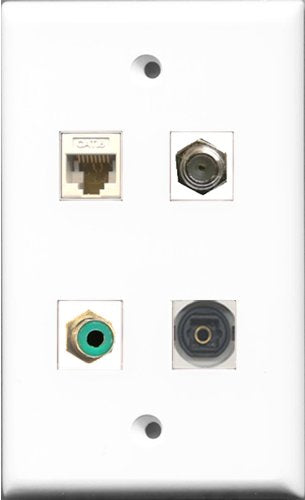 RiteAV 1 Port RCA Green and 1 Port Coax Cable TV- F-Type and 1 Port Toslink and 1 Port Cat6 Ethernet White Wall Plate