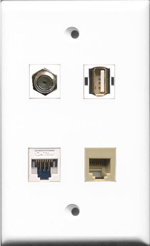 RiteAV 1 Port Coax Cable TV- F-Type and 1 Port USB A-A and 1 Port Phone RJ11 RJ12 Beige and 1 Port Cat5e Ethernet White Wall Plate