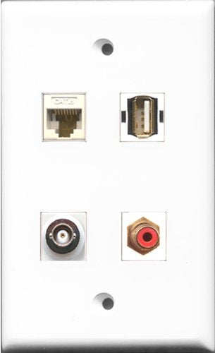 RiteAV 1 Port RCA Red and 1 Port USB A-A and 1 Port BNC and 1 Port Cat6 Ethernet White Wall Plate
