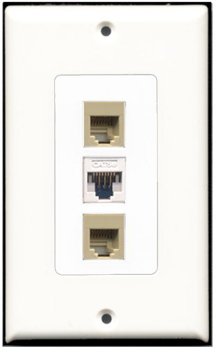 RiteAV - 2 Port Phone RJ11 RJ12 Beige 1 Cat5e Ethernet White Wall Plate Decorative