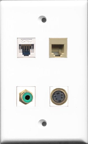 RiteAV 1 Port RCA Green and 1 Port Phone RJ11 RJ12 Beige and 1 Port S-Video and 1 Port Cat5e Ethernet White Wall Plate