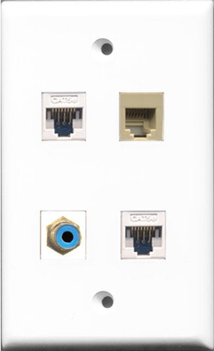 RiteAV 1 Port RCA Blue and 1 Port Phone RJ11 RJ12 Beige 2 Port Cat5e Ethernet White Wall Plate