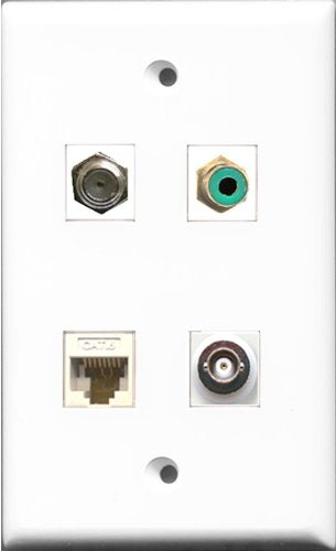 RiteAV 1 Port RCA Green and 1 Port Coax Cable TV- F-Type and 1 Port BNC and 1 Port Cat6 Ethernet White Wall Plate