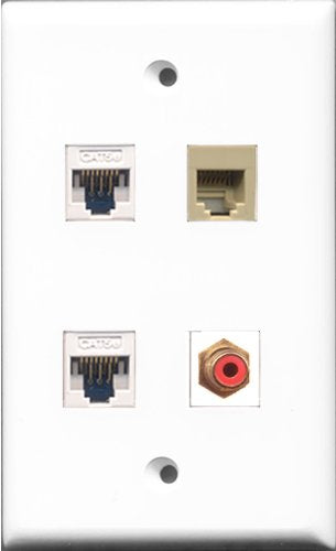 RiteAV 1 Port RCA Red and 1 Port Phone RJ11 RJ12 Beige 2 Port Cat5e Ethernet White Wall Plate