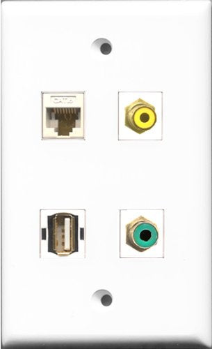 RiteAV 1 Port RCA Yellow and 1 Port RCA Green and 1 Port USB A-A and 1 Port Cat6 Ethernet White Wall Plate