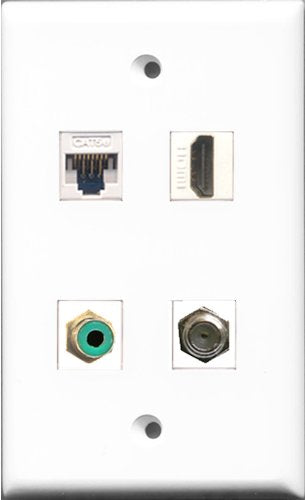 RiteAV - 1 Port HDMI and 1 Port RCA Green and 1 Port Coax Cable TV- F-Type and 1 Port Cat5e Ethernet White Wall Plate