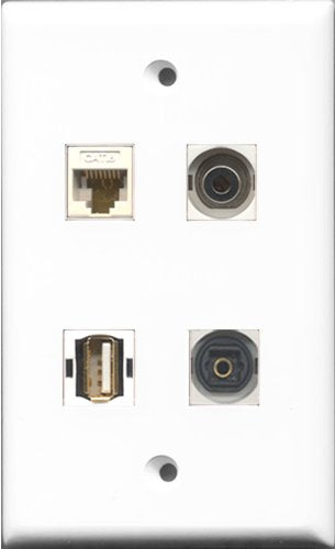 RiteAV 1 Port USB A-A and 1 Port Toslink and 1 Port 3.5mm and 1 Port Cat6 Ethernet White Wall Plate