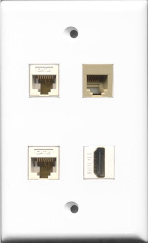 RiteAV 1 Port HDMI and 1 Port Phone RJ11 RJ12 Beige 2 Port Cat6 Ethernet White Wall Plate