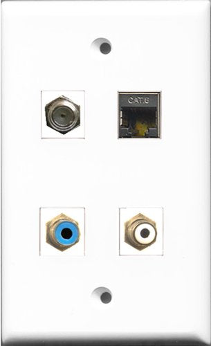 RiteAV 1 Port RCA White and 1 Port RCA Blue and 1 Port Coax Cable TV- F-Type and 1 Port Shielded Cat6 Ethernet Wall Plate