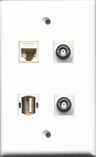 RiteAV 1 Port USB A-A 2 Port BNC and 1 Port Cat6 Ethernet White Wall Plate