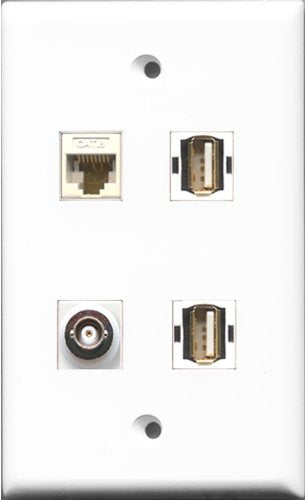 RiteAV - 2 Port USB A-A and 1 Port BNC and 1 Port Cat6 Ethernet White Wall Plate
