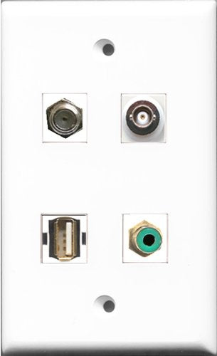 RiteAV 1 Port RCA Green and 1 Port Coax Cable TV- F-Type and 1 Port Shielded Cat6 Ethernet and 1 Port BNC Wall Plate