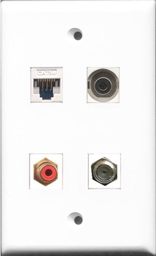 RiteAV - 1 Port RCA Red and 1 Port Coax Cable TV- F-Type and 1 Port 3.5mm and 1 Port Cat5e Ethernet White Wall Plate