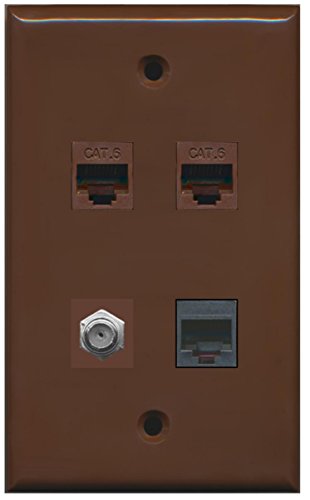 RiteAV 1 Port Coax Cable TV- F-Type and 1 Port Phone RJ11 RJ12 2 Port Cat6 Ethernet Wall Plate - Brown