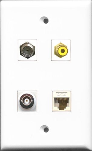 RiteAV 1 Port RCA Yellow and 1 Port Coax Cable TV- F-Type and 1 Port BNC and 1 Port Cat6 Ethernet White Wall Plate