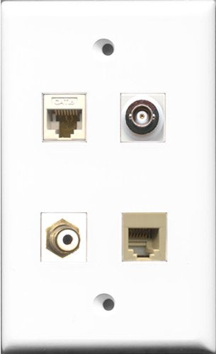 RiteAV 1 Port RCA White and 1 Port Phone RJ11 RJ12 Beige and 1 Port BNC and 1 Port Cat6 Ethernet White Wall Plate
